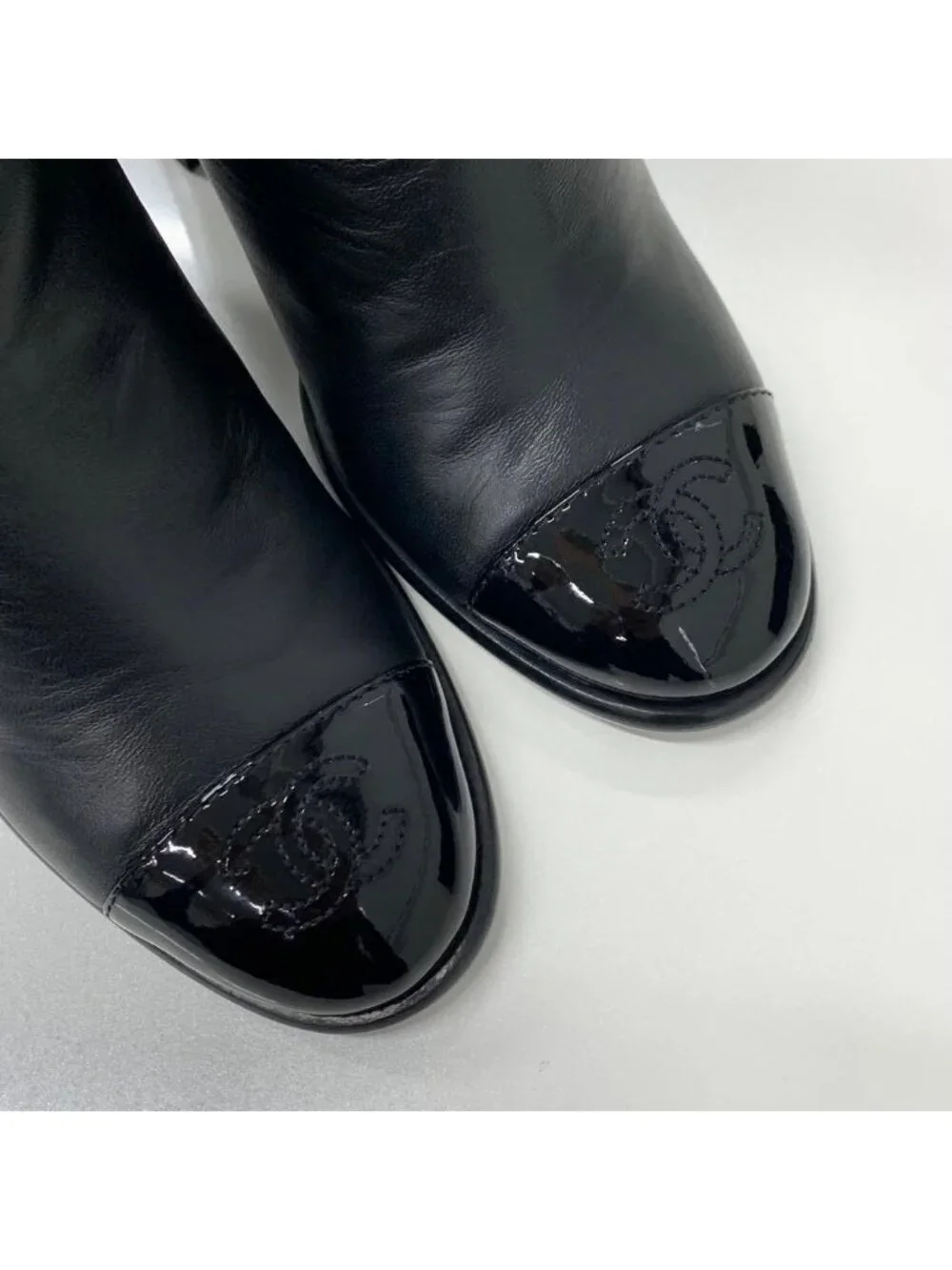 Chanel CC Logo Belt Leather Patent Short Boots Black